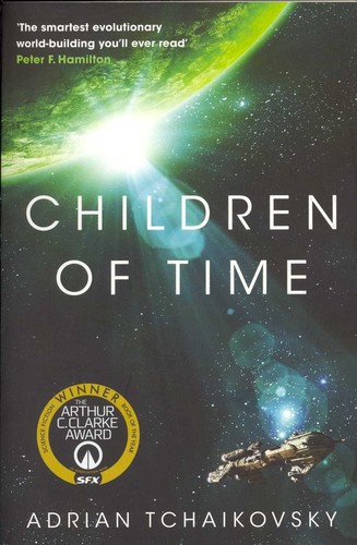 Cover of the Pan Macmillan paperback edition of Children of Time by Adrian Tchaikovsky, showing a stylized planet and web design.