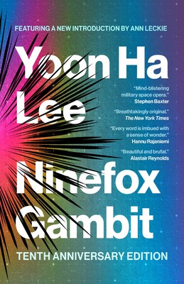 Cover of the Solaris paperback edition of Ninefox Gambit by Yoon Ha Lee, geometric red and black military sci-fi design.