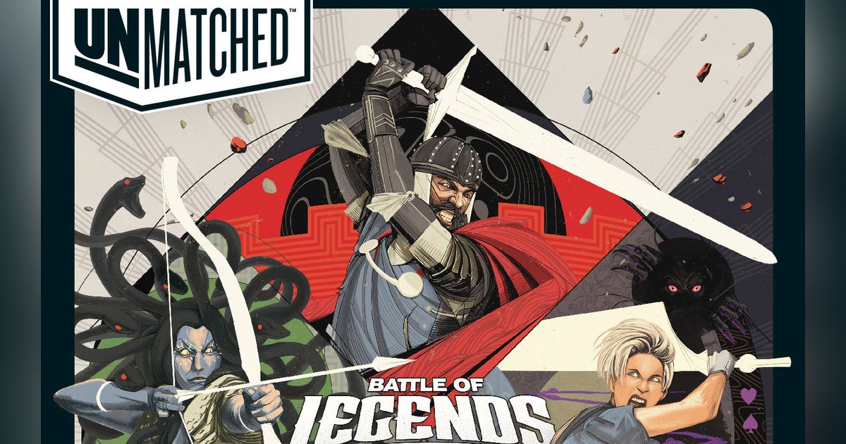 Box art for Unmatched, a tactical skirmish card game featuring legendary characters battling on a hex map.
