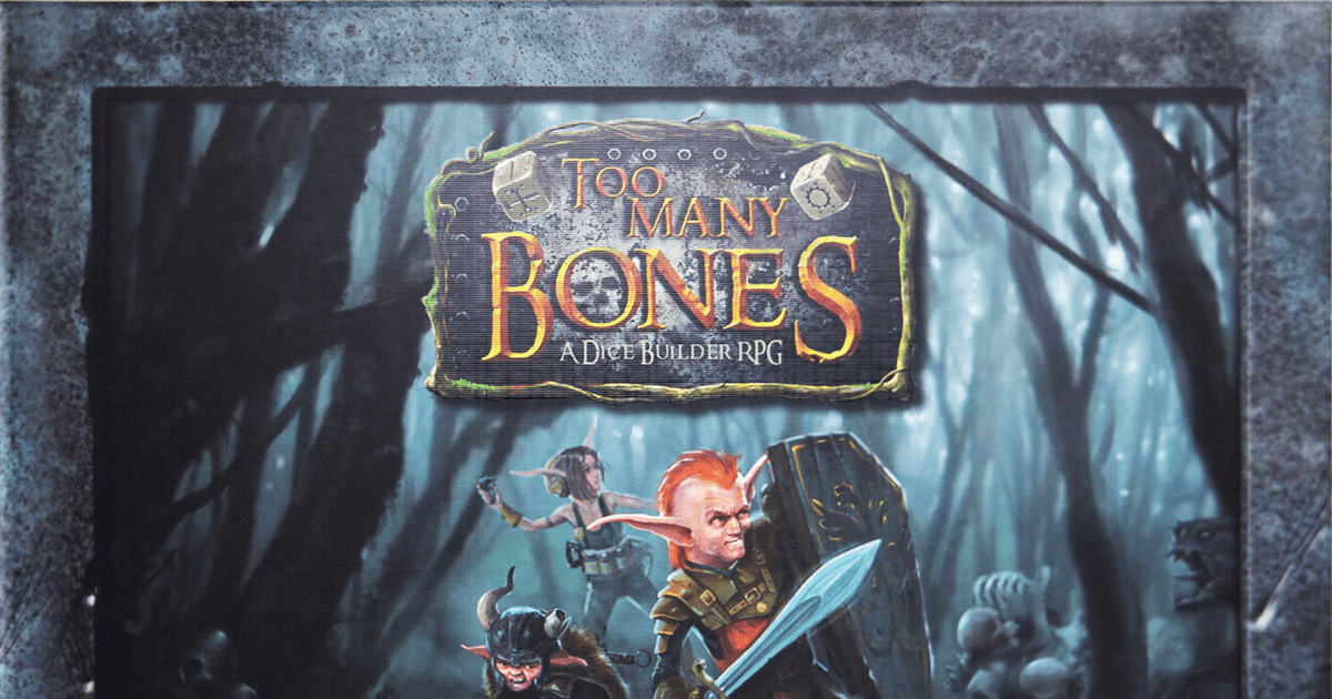 Box art for Too Many Bones, a cooperative dice-building board game with large character figures called Gearlocs.