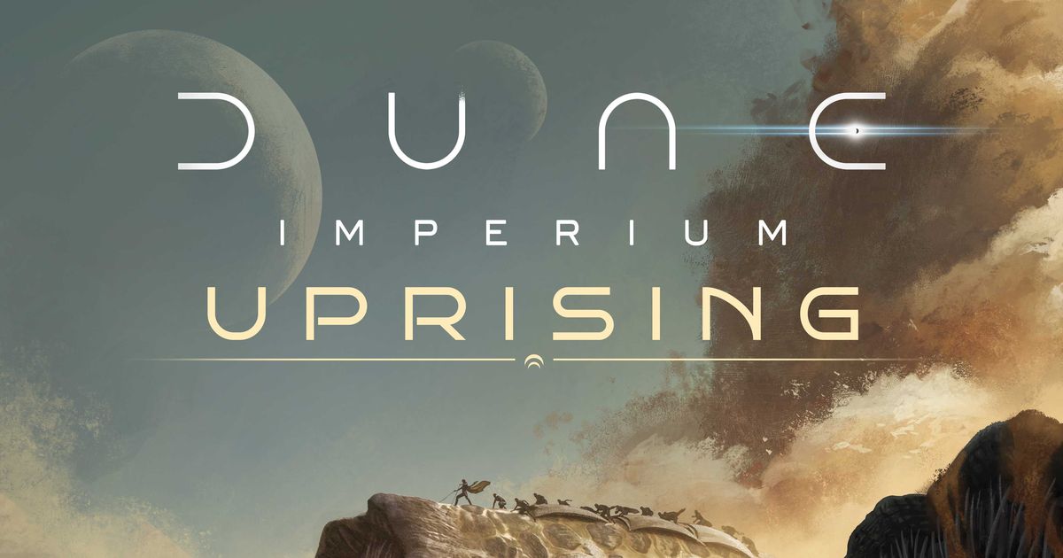 Box art for Dune: Imperium – Uprising, a deck-building board game set in the Dune universe with desert and sandworm imagery.