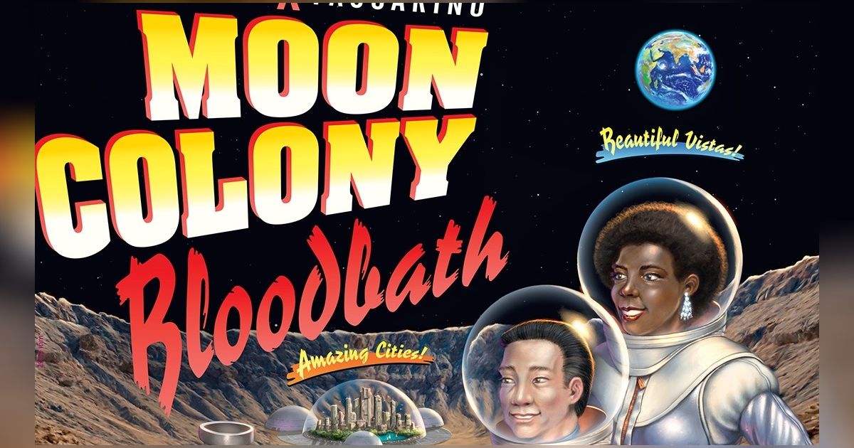 Box art for Moon Colony Bloodbath, a card game about a moon colony spiraling into chaotic disaster.