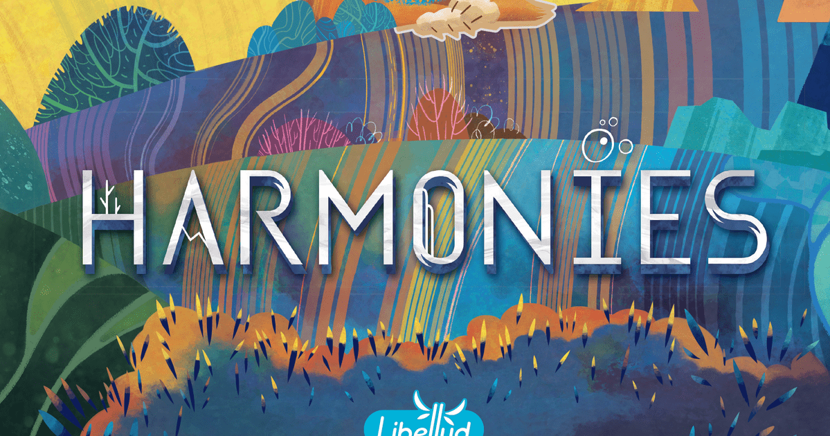 Box art for Harmonies, a nature landscape building board game with colorful hexagonal terrain pieces.